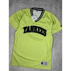 New York Yankees Jersey Mens Medium Lime Green Stripped Pullover Vtg 90s Russell